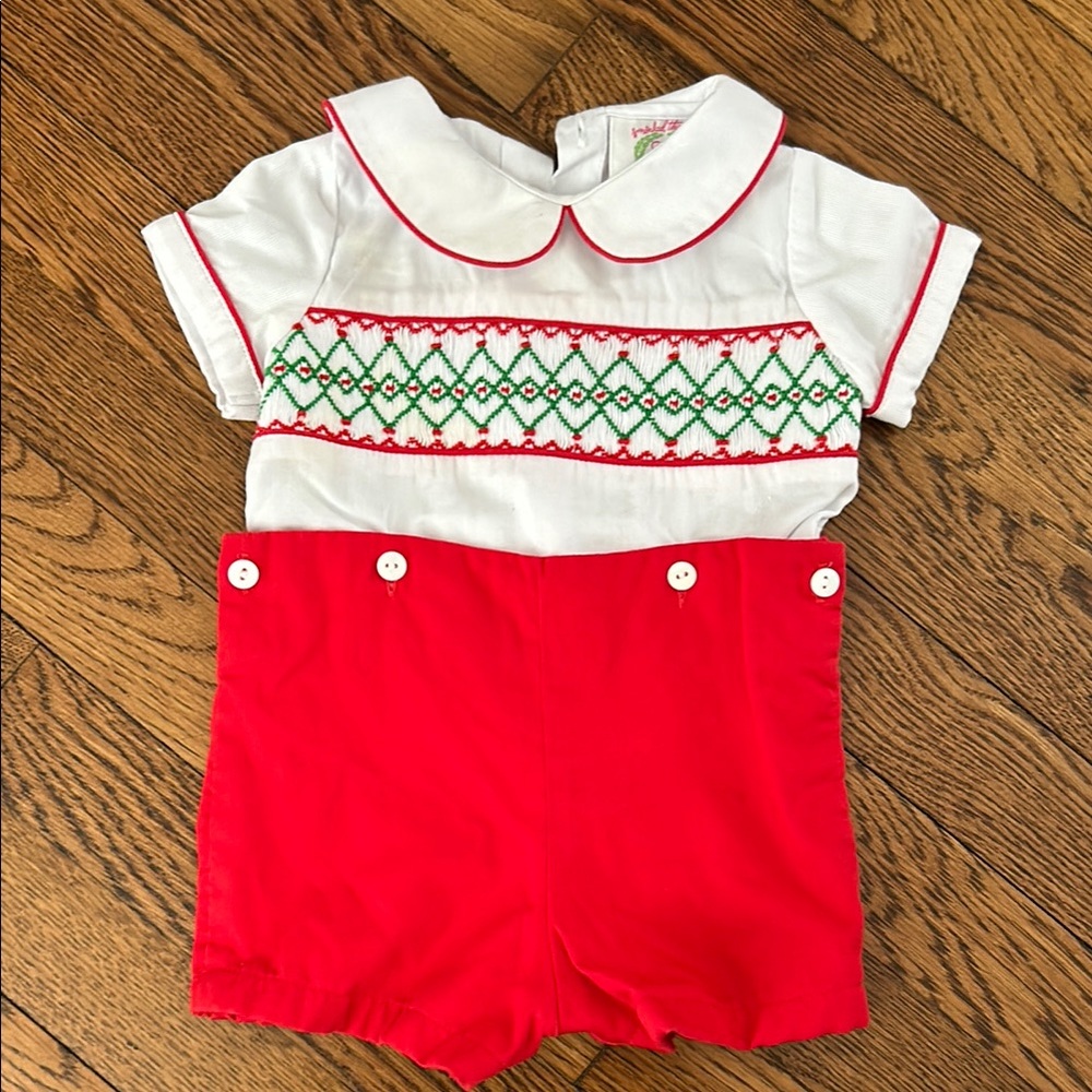 Smocked Red and White Baby Button-On Outfit